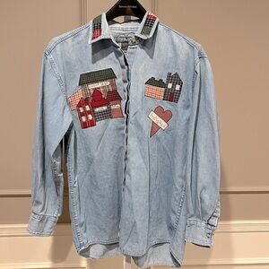 Vintage 90s denim jean shirt L Upper West Side Antiques Auction Barn plaid craft